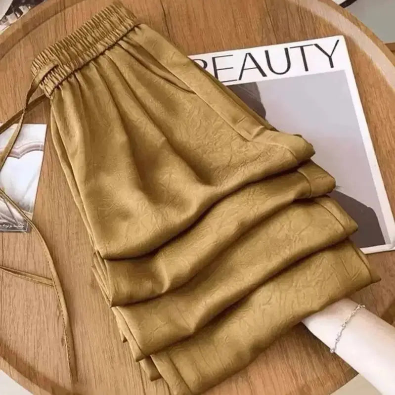plus Size Satin Ice Silk Wide Leg Pants Women's Summer Thin Cool Casual Straight Leg Trousers Comfortable Loose Fit Long Pants