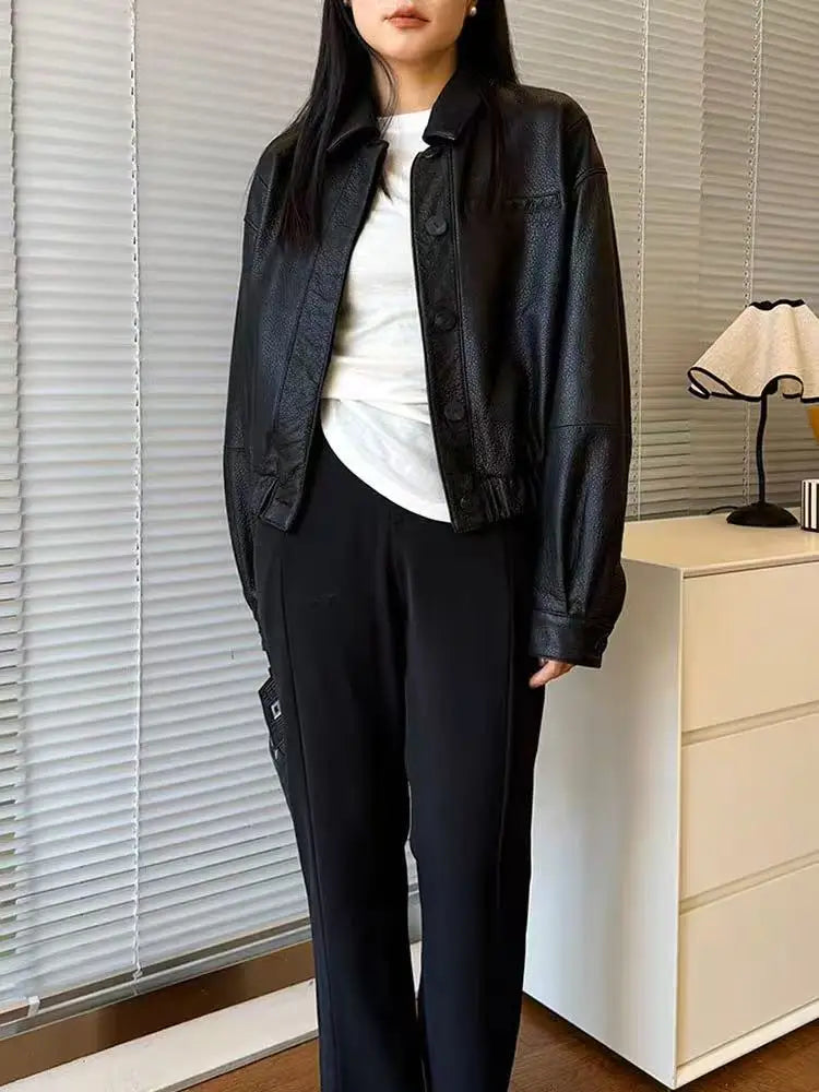 Retro Leather Bomber Jackets for Women Genuine Foam Leather Bubble Texture Short Coat Female Square-Cut Lapel Slim Fit Chaquetas