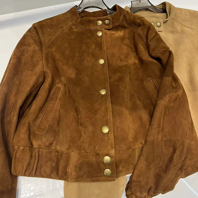 2025 Imported Goat Suede Jacket For Women Retro Standing Collar Versatile Slimming Elastic Waist  Leather Coat Chaquetas Bomber