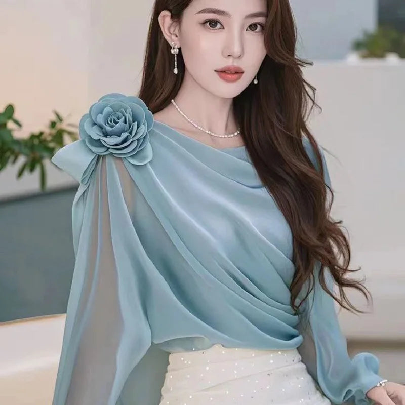 Women tops  Summer Halter Floral Appliques long sleeve  Work Shirts Blouses korean fashion  female  Dressy Casual clothing