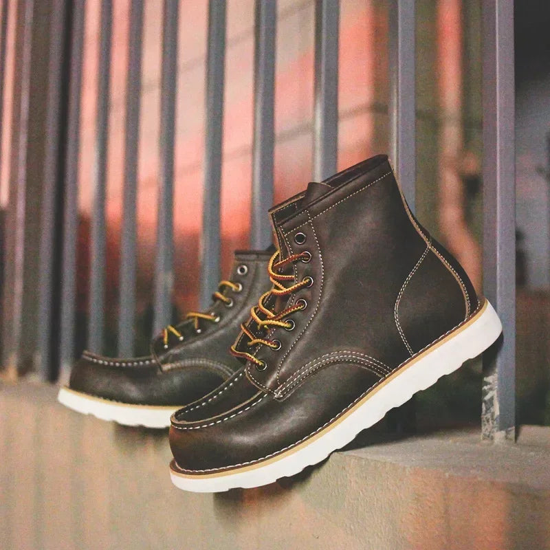 Genuine Leather Men's Boots Vintage Tooling Boots Man Short Boot Rhubarb Boots Men's High Top Men's Shoes Leather