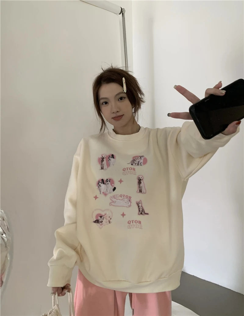 KOSAHIKI Cute Hoodies Women Letter Dog Print Sudaderas Mujer O-neck Sweatshirt Harajuku Streetwear Y2k Pullover Moletom Feminino