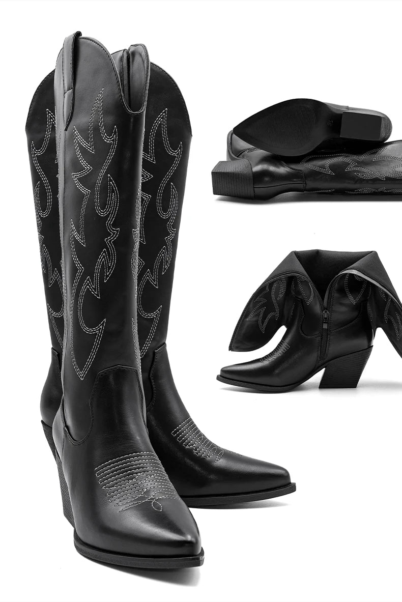 Shoes for Women New Embroidered Western Cowboy Boots Women Autumn Pointed Toe Thick Heel High Knee Boots