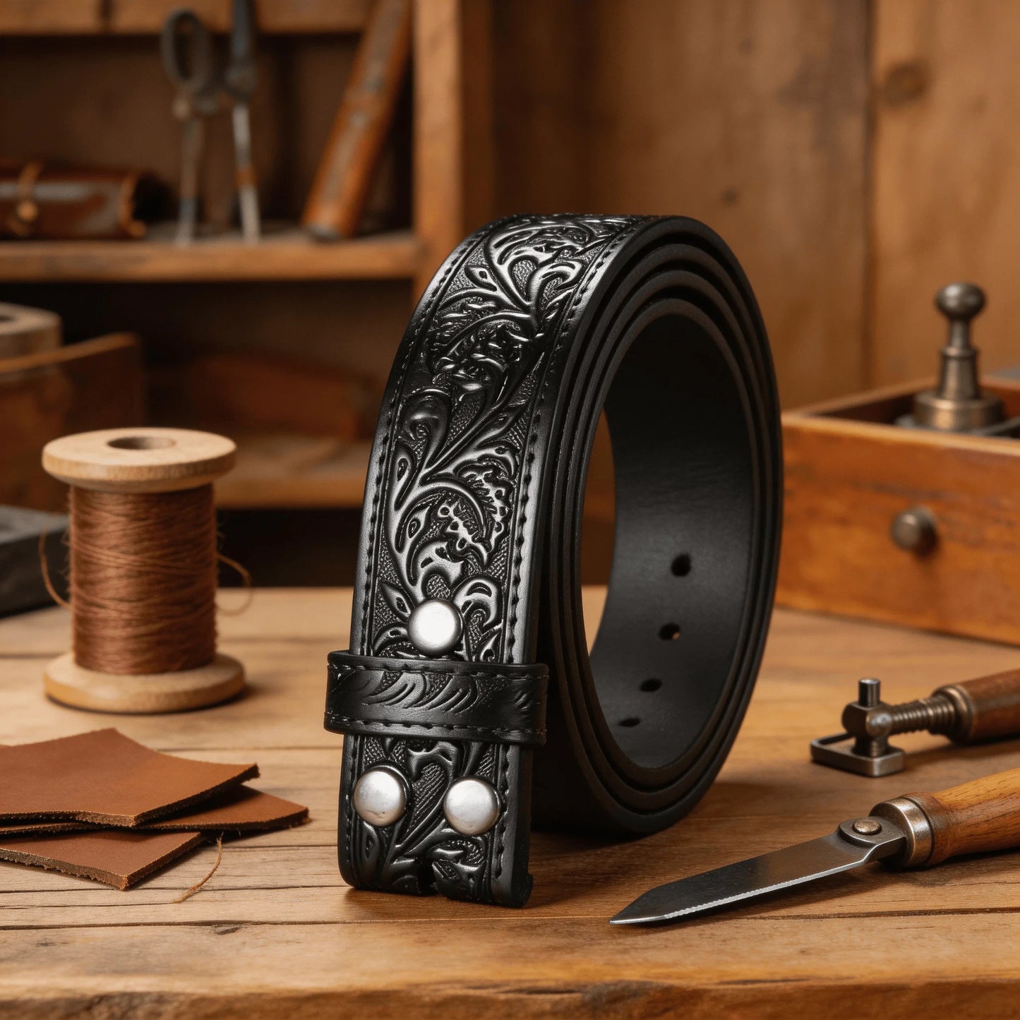 Western Style Tooled Leather Belt Strap - Buckleless Design for Customizable Fit