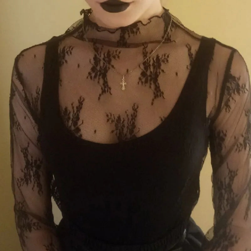 Summer Women Lace Floral Embroidery Blouses  Ladies Tops Sexy Mesh Blouses Transparent Elegant Long Sleeves See-through Shirt