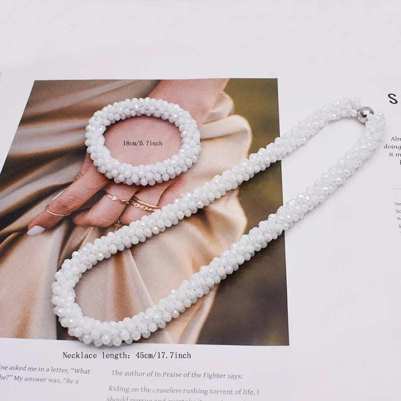 New Woven Bead Necklace Glass Beaded Bohemian Statement Necklace Bracelet Hair Accessory Set For Women Jewelry Gift