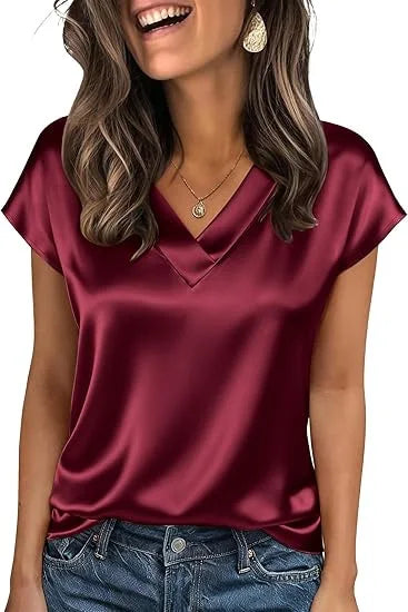 Women's Summer New T-shirt Casual V-Neck Short Sleeve Blouse Business Casual Tops Satins Silk Summer Shirt Work Solid Color Tops
