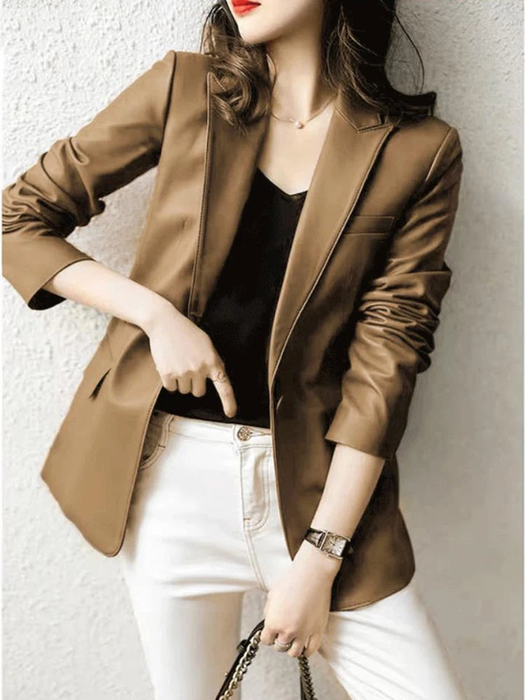 Natural Sheepskin Coat Blazer Mujer Single Button Suit Collar Chic and Elegant Woman Jacket Slim Camel Real Leather Topscoat