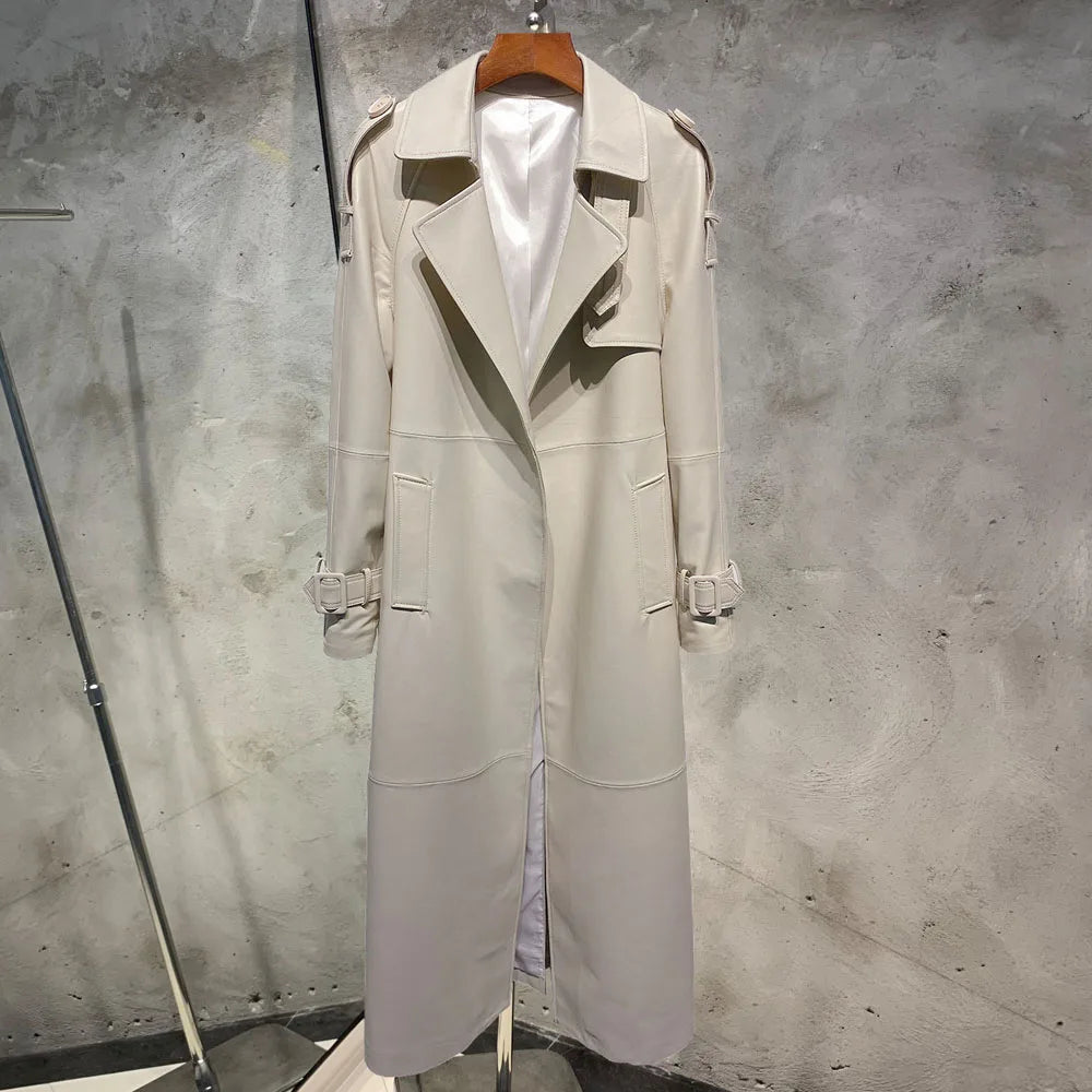 Leather Coat Orange Long Ladies Real Sheepskin Coat Genuine Sheep Leather Windbreak Long 21018