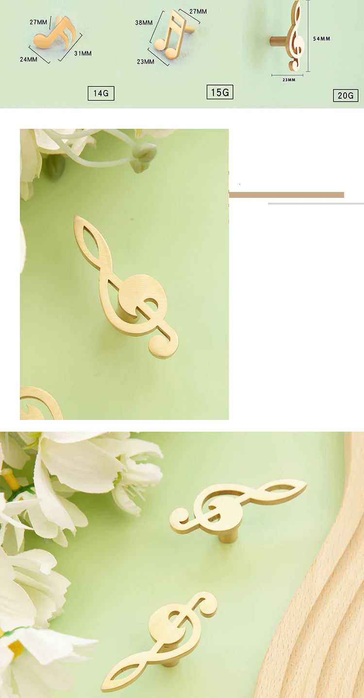 Musical Note Brass Furniture Handles and Knobs for Kitchen Cabinet Modern Dresser Door Handle Drawer Pulls