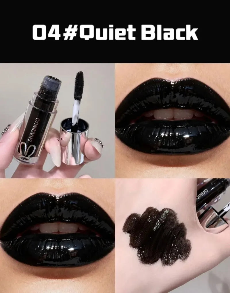 Black Gothic Lip Gloss Mirror Moist Matte Gothic Pure Black Silver Fine Flash Lip Glazed Low Saturation Lasting Lip Tint Makeup