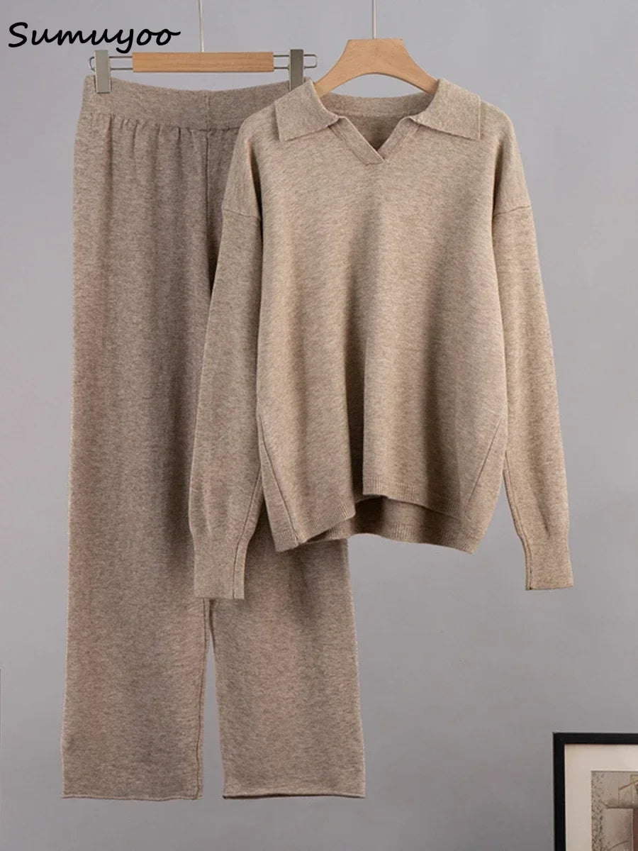 Sumuyoo Winter Thick Women Knitted Suits Cashmere Soft 2 Pieces Sets Female Polo Neck Sweater & Wide Leg Pants Knitted Outfit
