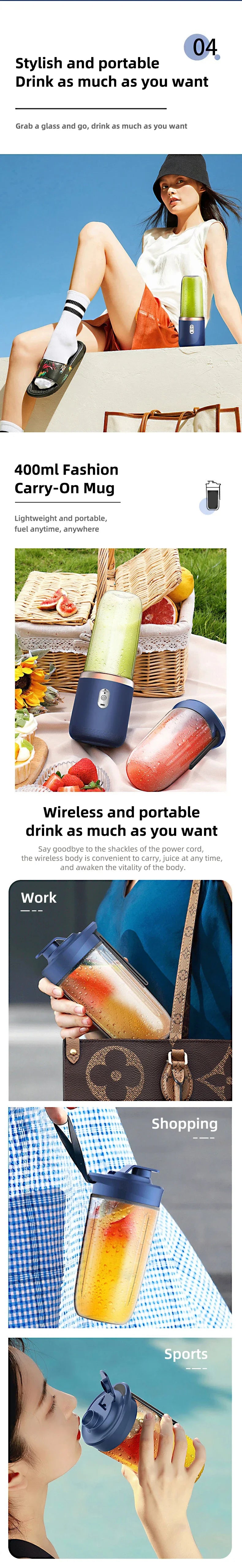Multifunction 2 Cups Portable Fruit Juicer Blender 6 Blade Juice Mixer Mini Ice Blender USB Charging Wireless Juice Extractor
