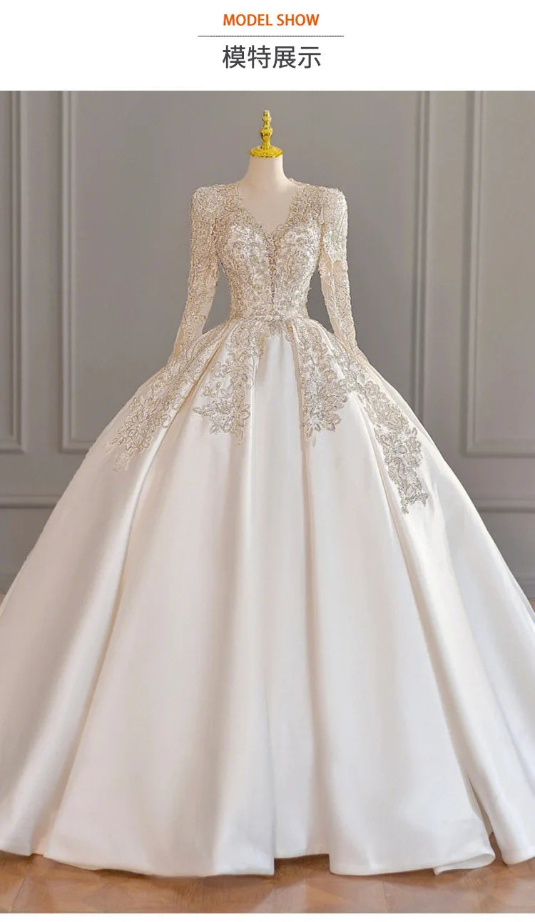 Wedding Dress Long Sleeve Heavy Industry 2023 New Bride V-Neck Satin High Quality Palace Main Wedding Dress French Wedding Dress
