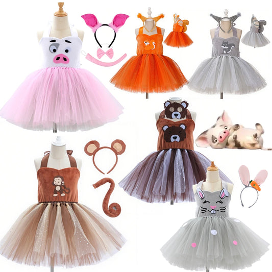 Girl Cartoon Raccoon Sloth Koala Piggy Rabbit Tutu Sling Dress Children Cosplay Festival Performance Dance Costume Headband Sets