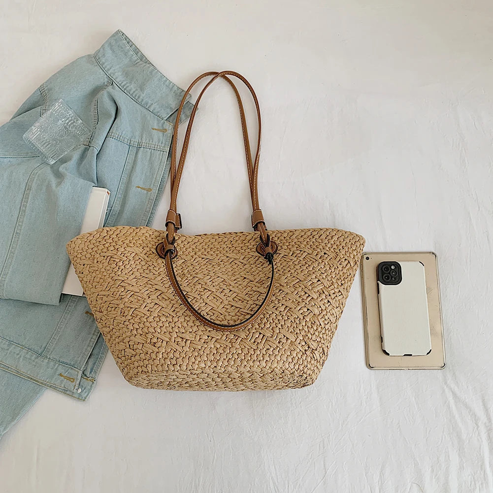 Women Woven Tote Bag Fashion Shoulder Bag Large Capacity Summer Beach Bags Simple Woven Handbag Chic Hobo Bag for Outdoor Travel