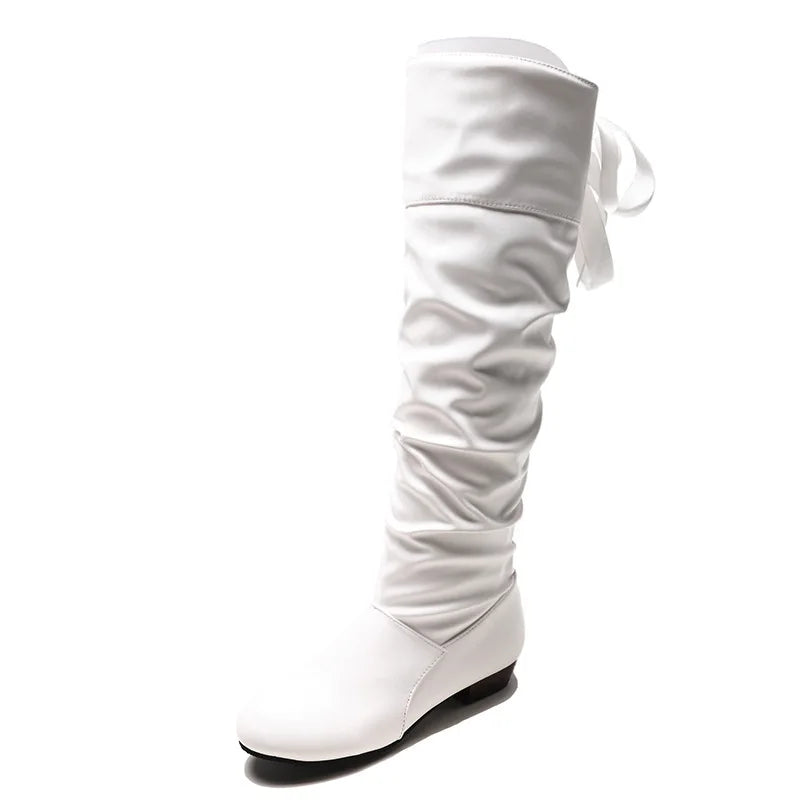 Shoes for Women 2023 Spring Knee High Boots Red Black White Tall Boots Woman Pleated Low Heel Casual Leather Female Long Shoes