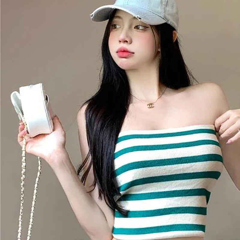 Summer Sexy Spice Retro Striped Tank Top Women Outer Wear Short Sleeveless Tops New Bustier