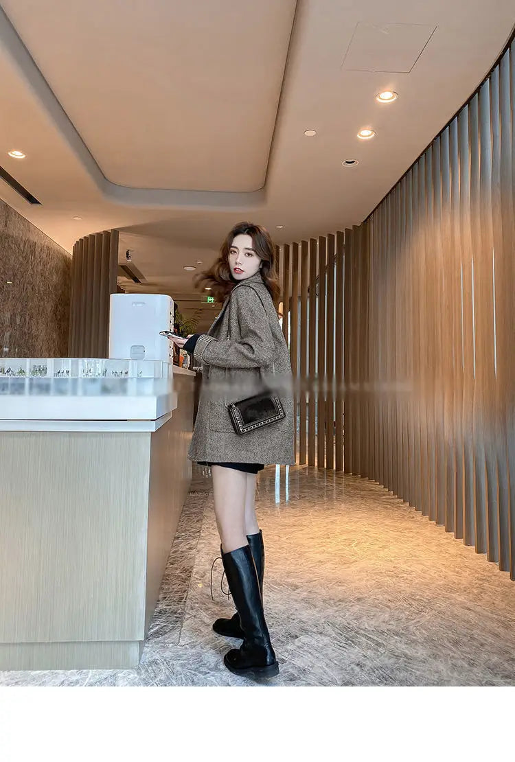 Woolen Suit Jacket for Women Autumn Winter Korean Loose Casual Blazers Thick warm Pocket Turndown Collar Women's Coat