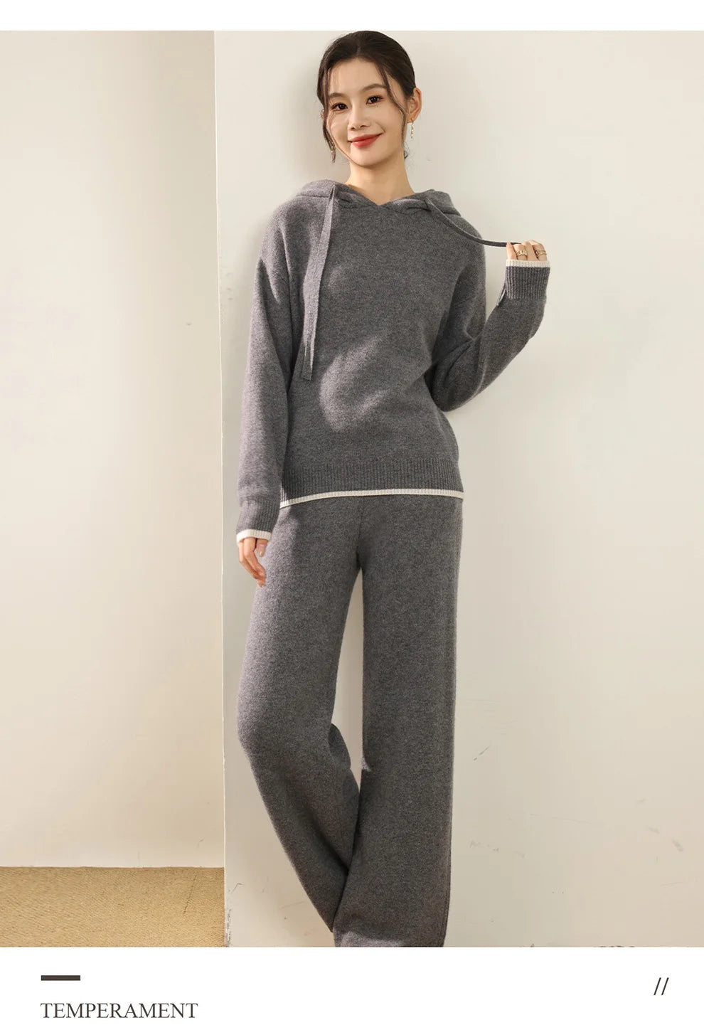 Autumn And Winter New 100 Pure Wool Suit Women Hooded Sweater Wide-Leg Pants Casual Knitting Two-Piece Suit