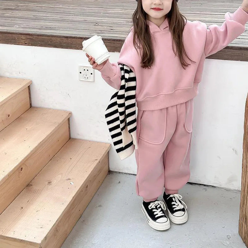 2025 Winter New Children Plus Velvet Thick Clothes Set Boys Girls Fleece Hooded Sweatshirt + Sweat Pants Suit Kids Warm Outfits