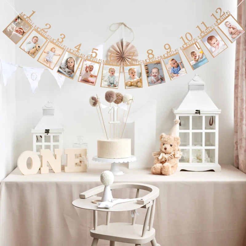 Birthday Baby One Year 12 Months Photo Banner Boy Girl 1 Year First Birthday Party Picture Photo Frame Garland Anniversary Decor