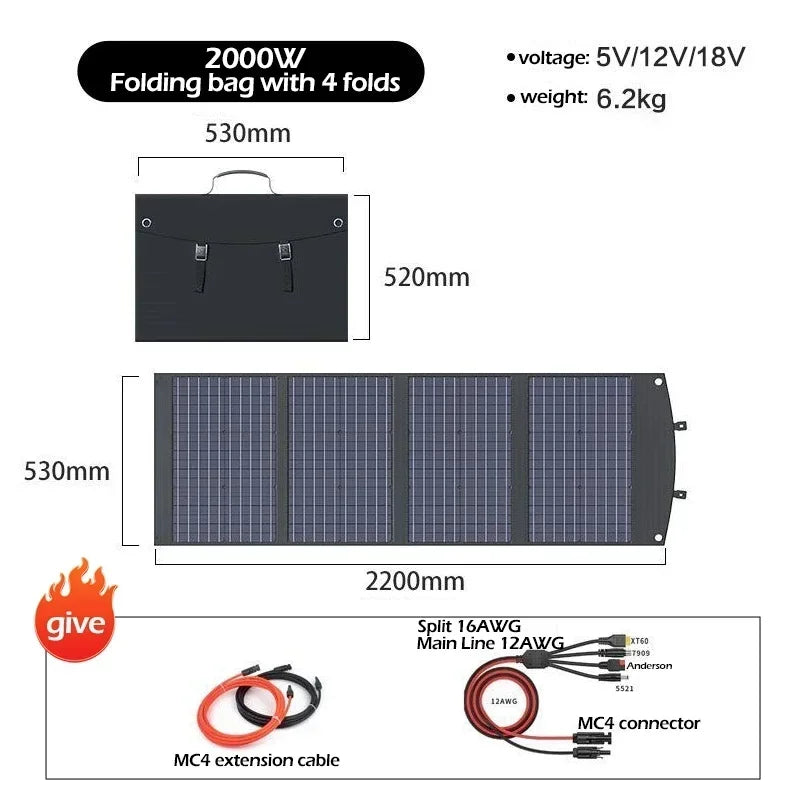 2000w 1500w 1000w 500w Flexible Foldable Solar Panel High Efficience Travel & Phone & Boat Portable 12V Solar Panel Kit