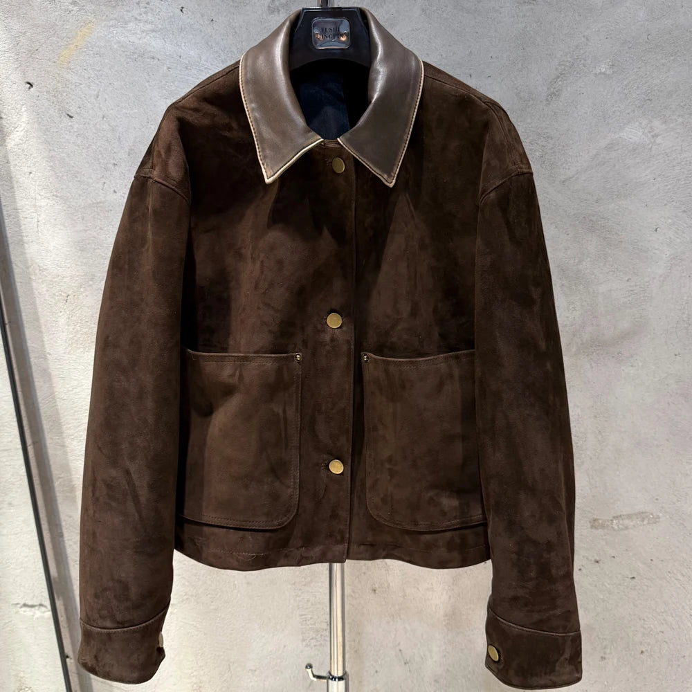 Suede Leather Blouson Women Winter Genuine Sheep Leather Coat Luxury Autumn Suede Blouse Lin24