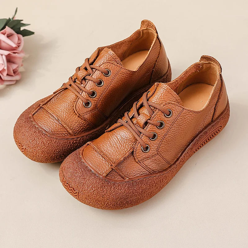 Genuine leather shoes for wide feet ladies lace up flats woman casual daily shoes handmade soft moccasins women's loafers
