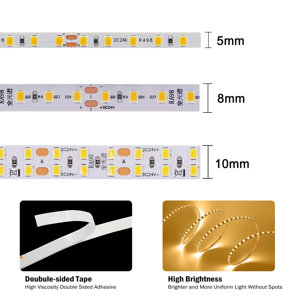 LED Strip Light RA98 5mm 8mm PCB 5m 10m 24V 2835 120 240 LEDs Flexible Adhesive Tape 2700K 3000K 3500K 4000K 5000K 6000K Decor