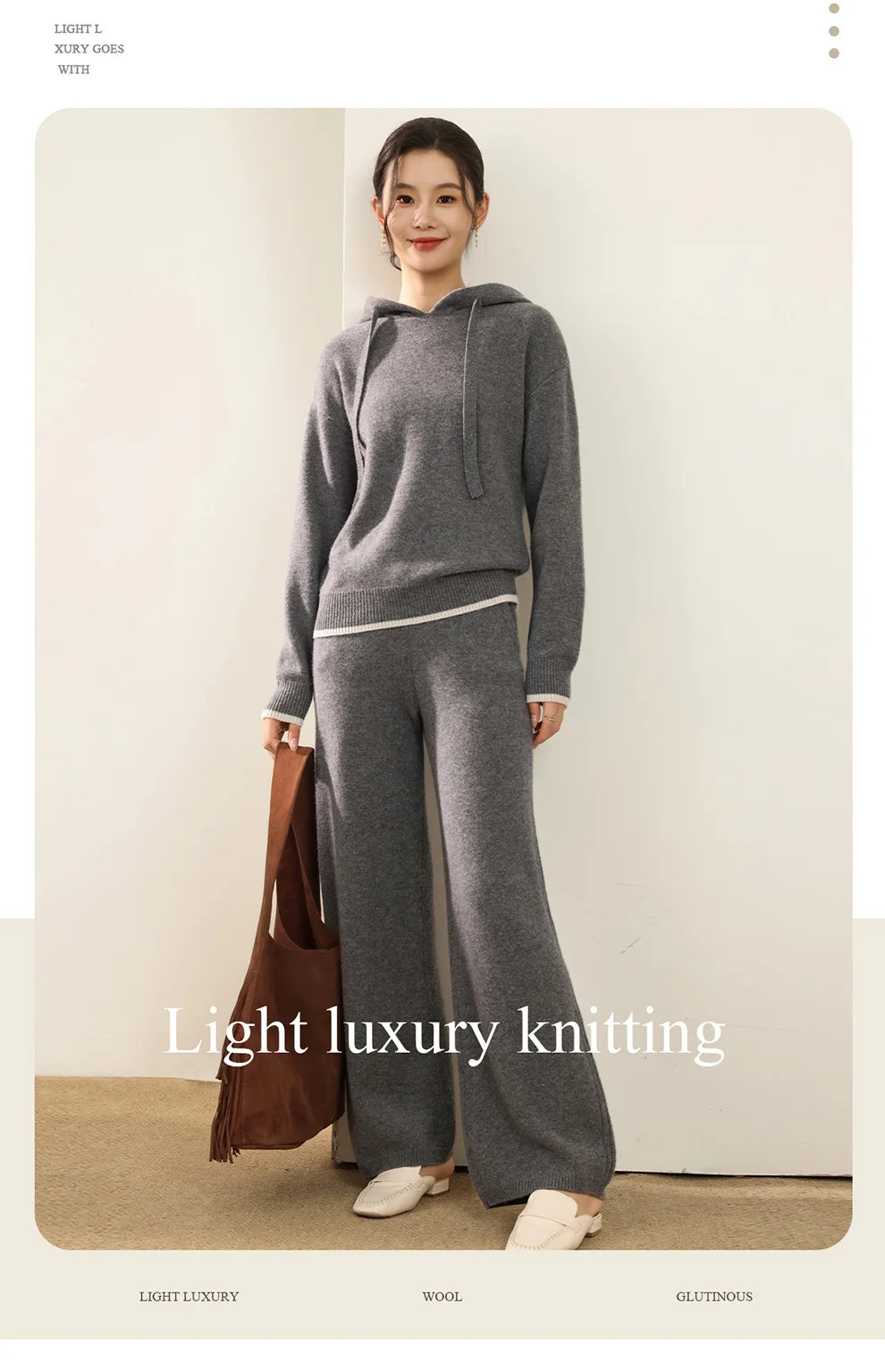 Autumn And Winter New 100 Pure Wool Suit Women Hooded Sweater Wide-Leg Pants Casual Knitting Two-Piece Suit
