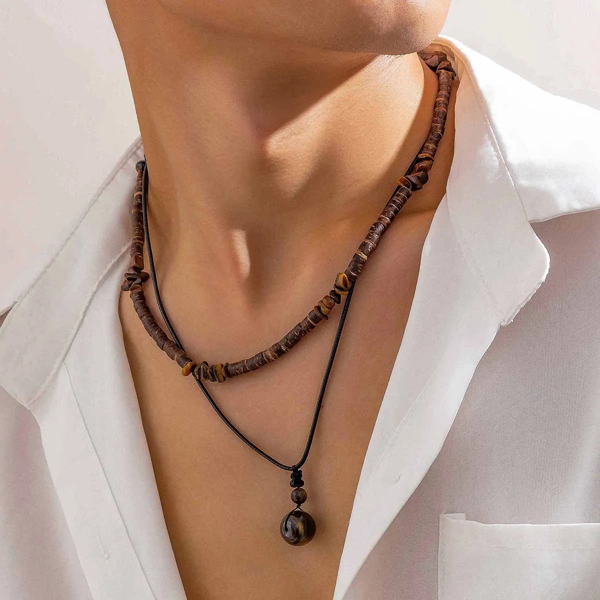 2Pcs/Set Bohemian Round Natural Stone Pendant Necklace for Men Vintage Ethnic Wood Bead Chokers Male Fashion Jewelry Accessories