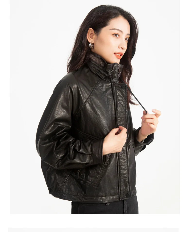 Oil Wax Sheepskin Coats for Women Winter 2024 Green/Blue/Red/Black Fahion Loose Slim Motorcycle Zipper Short Leather Jacket