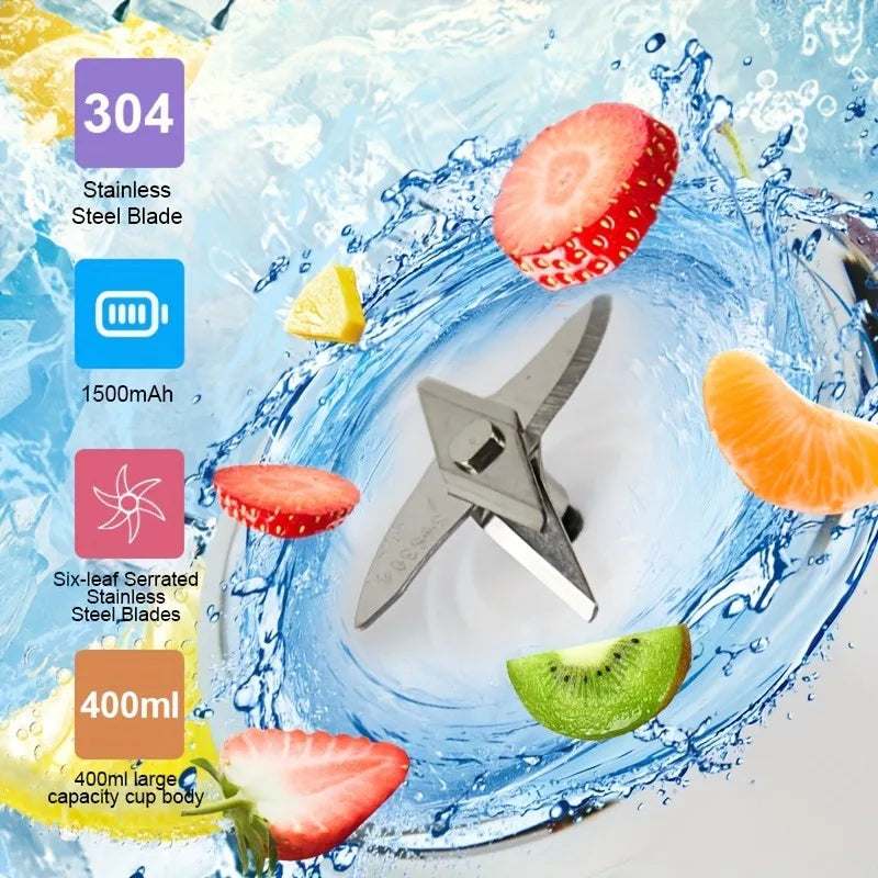 400ml USB Portable Blender, 1500mAh Rechargeable Smoothie Maker with 6 Stainless Steel Blades, Mini Juice Shaker Bottle for Home