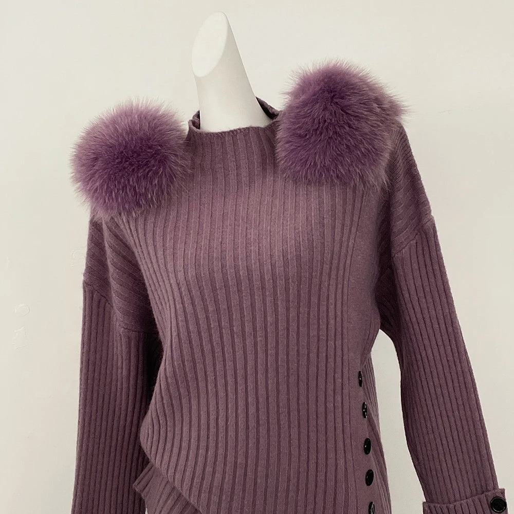 Sweater Set Warm suit Women Winter Knitted Suits two Piece Set Natural fox fur collar Sweater + Loose Trousers Office Lady Suit