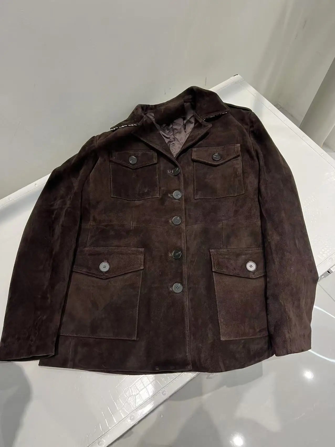 Luxury High-end Kid Suede Leather Jacket for Women Winter Pockets Slimming Coat Filled With Mulberry Silk Deep Coffee Warm Veste
