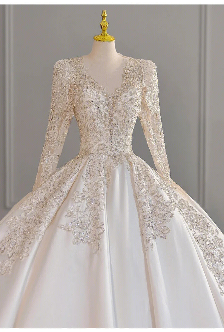 Wedding Dress Long Sleeve Heavy Industry 2023 New Bride V-Neck Satin High Quality Palace Main Wedding Dress French Wedding Dress