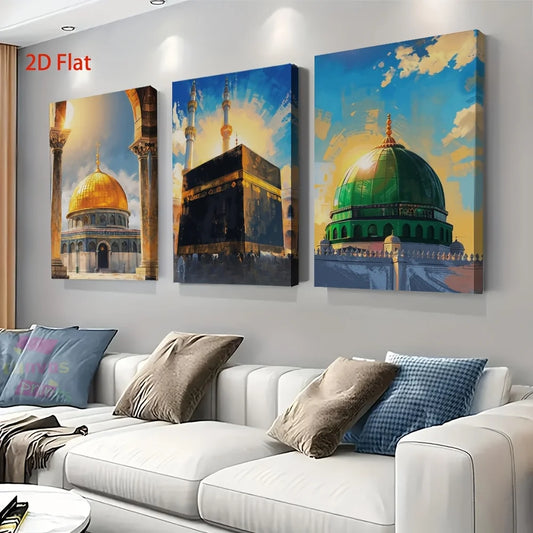 3pcs Muslim Religious Style Islamic Holy Sites Poster Print Al-Qaba Mosque with Gold-Plated Dome Decorative Canvas Art Eid Gift