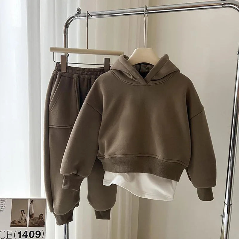 2025 Winter New Children Plus Velvet Thick Clothes Set Boys Girls Fleece Hooded Sweatshirt + Sweat Pants Suit Kids Warm Outfits