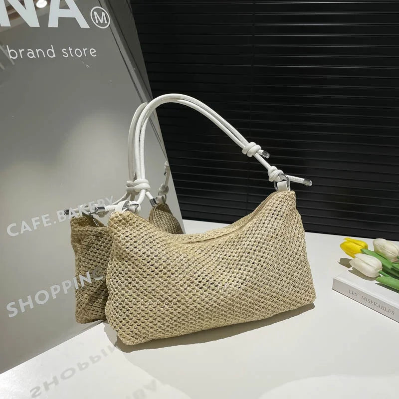 Women Woven Bag Summer Beach Holiday Handbag Portable Tote Bag Fashion Casual Big Capacity Leather Rope Women Shoulder Bags