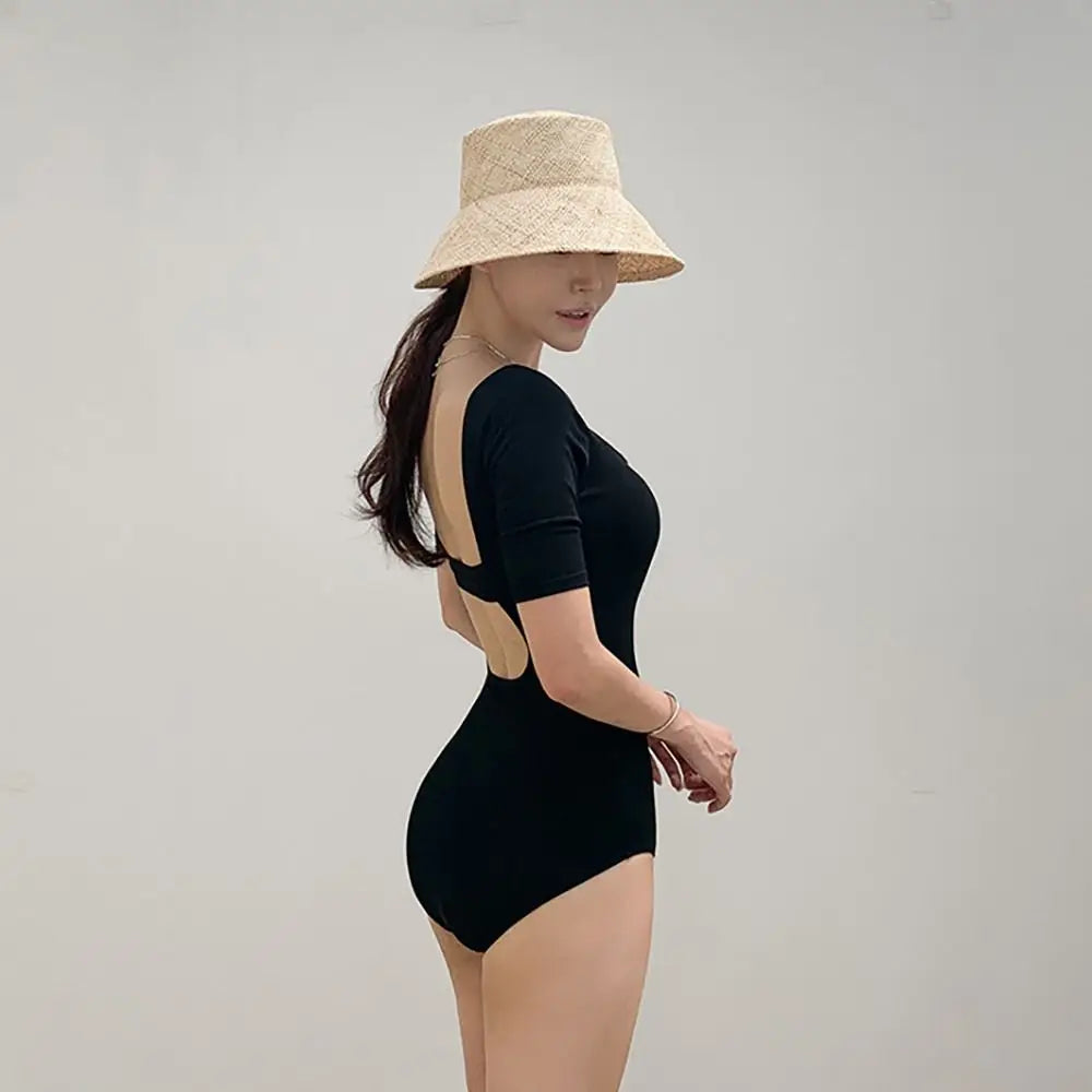 Ladies Bathing Suit Solid Color Hollow Out Swimsuit Slim Design High Waist Backless Swimsuit Mesh Cut Short Sleeve Swimwear Bath