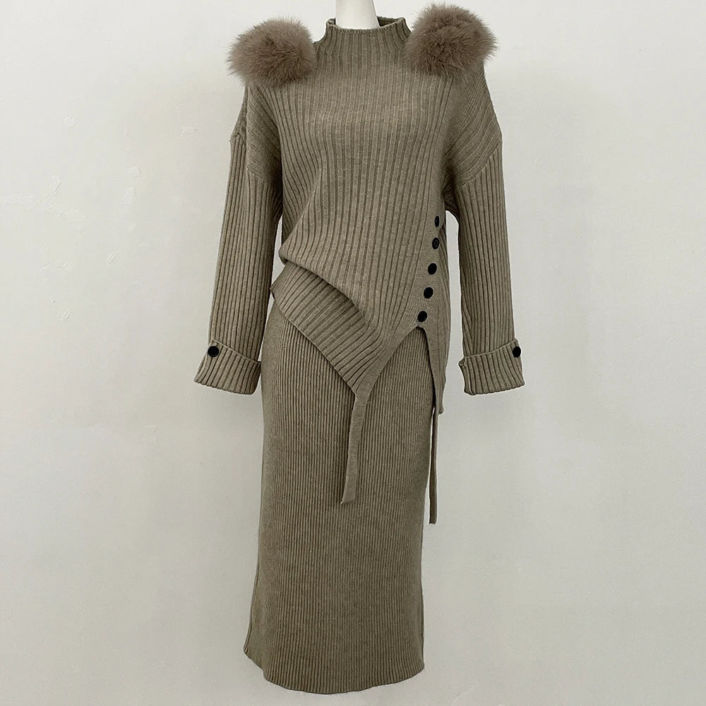 Sweater Set Warm suit Women Winter Knitted Suits two Piece Set Natural fox fur collar Sweater + Loose Trousers Office Lady Suit