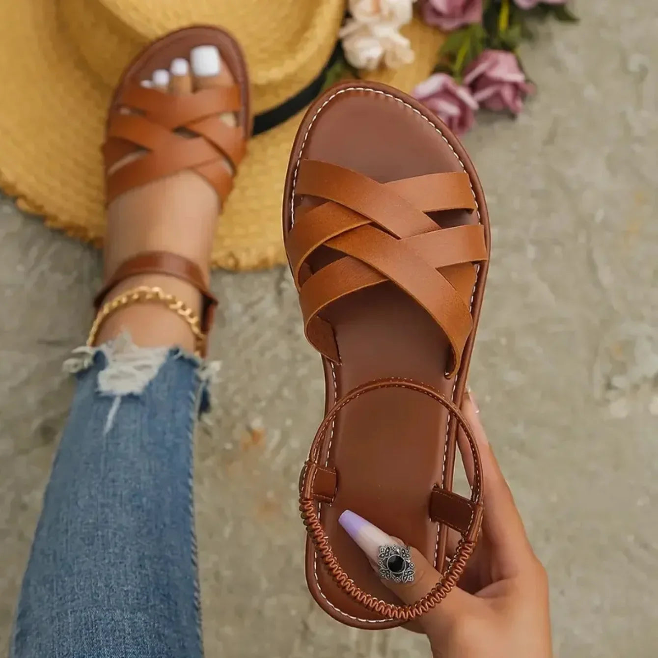 2026 New Shoes for Women Summer Women Flat Bottom Sandals Roman Strap Non Slip Rubber Soles Fashion Ladies Daily Sandals Women