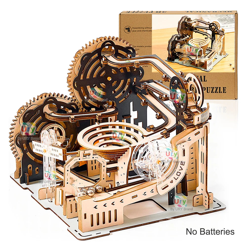 3D Wooden Puzzle Marble Run Set DIY Mechanical Track Electric Manual Model Building Block Kits Assembly Toy Gift for Teens Adult
