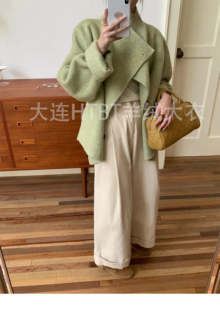 New Winter Short Woolen Coat Fashion Causal Warm Mulberry Silk Lapel Double-sided Wool Coat Loose Suit Jacket Female Tide Autumn