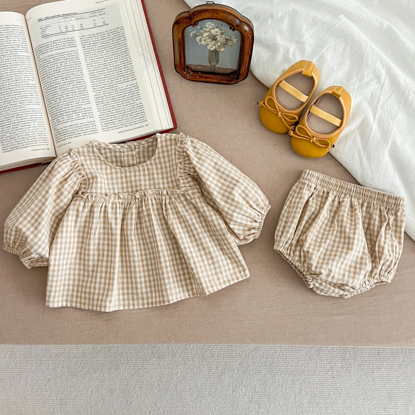Baby Cotton Clothing Sets 0-2Yrs Autumn New Baby Girl Clothes Set Plaid Tee And Bloomer 2pcs Toddler Kids Vest + Shorts Suit