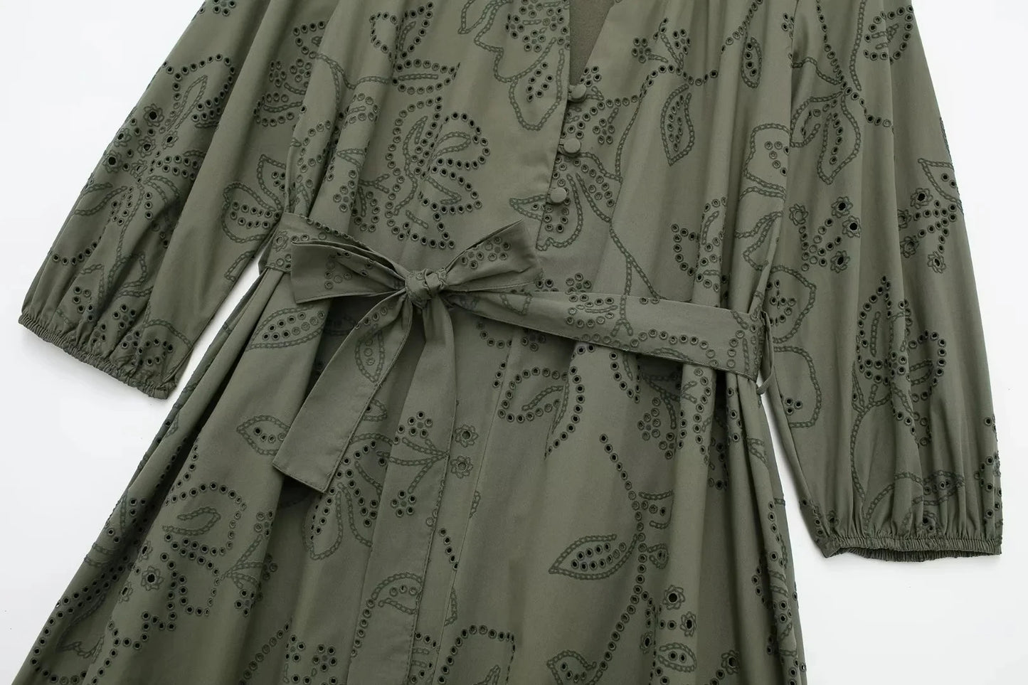 HH Spring Women's Vintage Solid Shirt Dress Puff Sleeve Short Dress V-Neck Female Hollow Embroidery Casual Belt Dresses