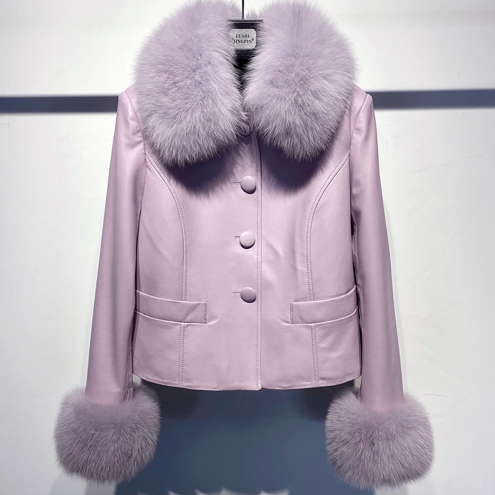 YOLOAgain Women's Mongolia Sheep Fur Collar Real Leather Jacket Single Breasted