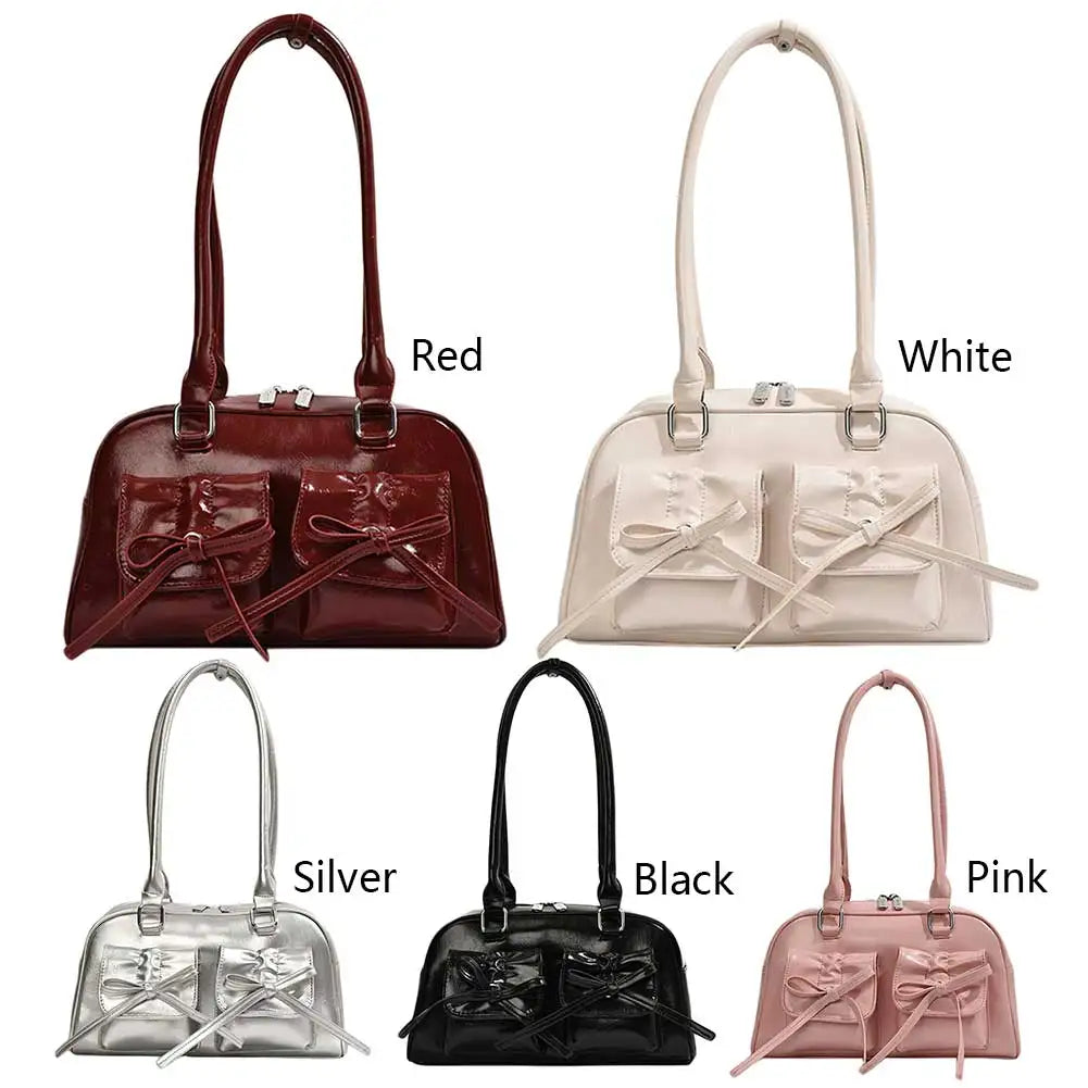 Women Trendy Handbags Double Pockets PU Leather Fashion Shoulder Bag with Bow Stylish Underarm Bag Solid Color for Outdoor Party