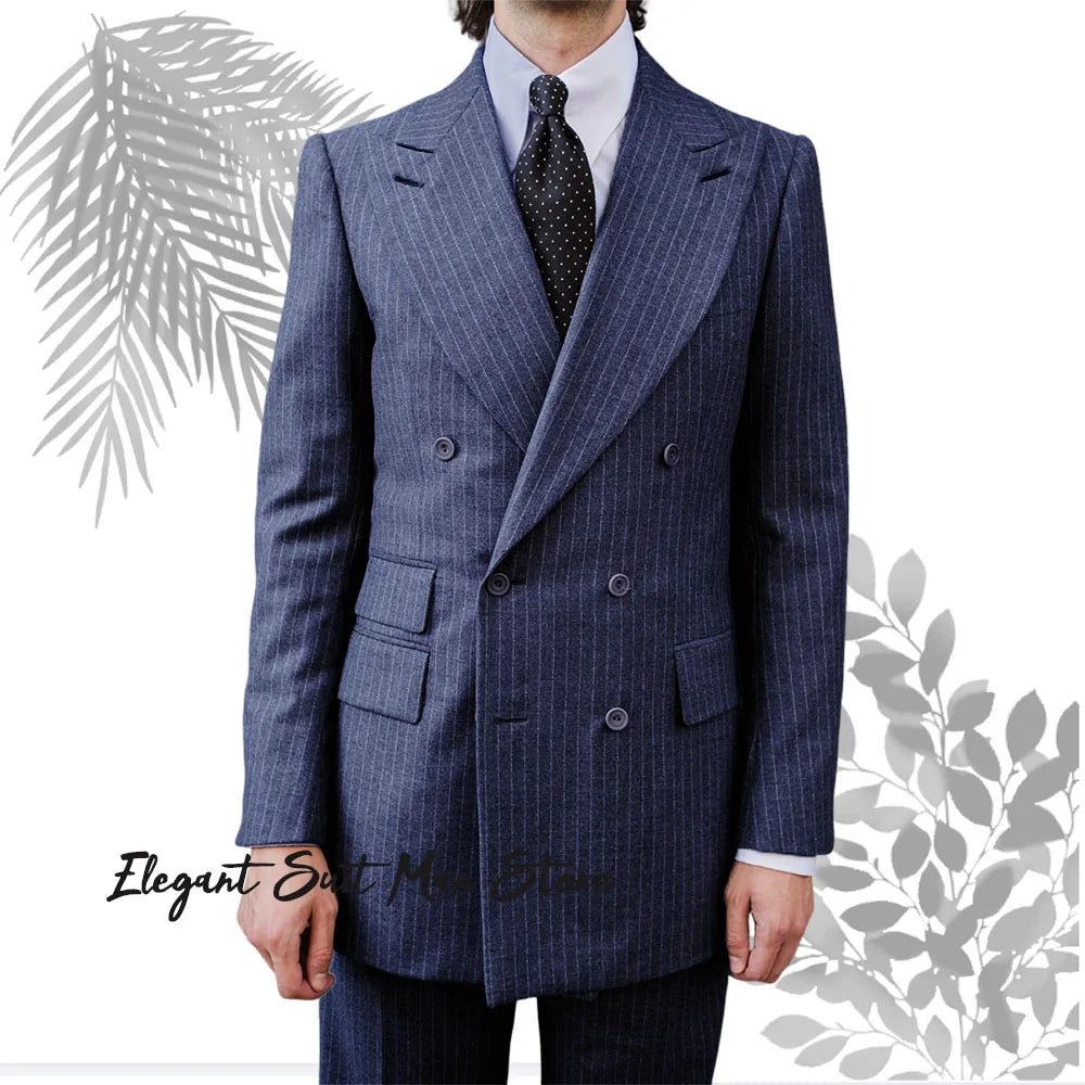 Wool Thick Striped Business Suit 2-piece Set(Jacket+pants) Business suit workwear Double breasted striped suit Jacket suit pants